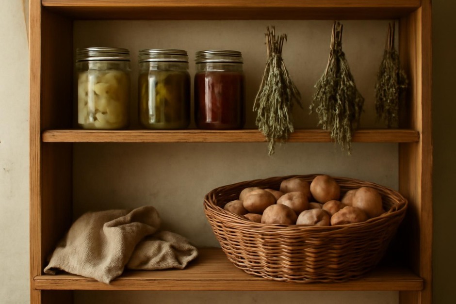 A wooden pantry shelf with jars, a basket of root vegetables, and dried herbs hanging
