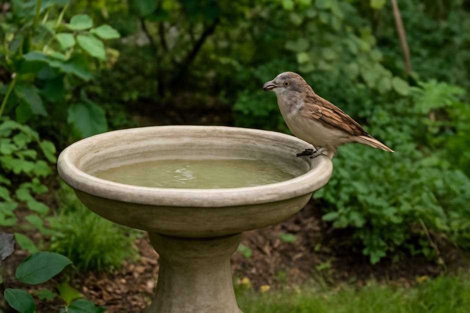 A shallow bird bath in a leafy backyard with a sparrow perched at the edge