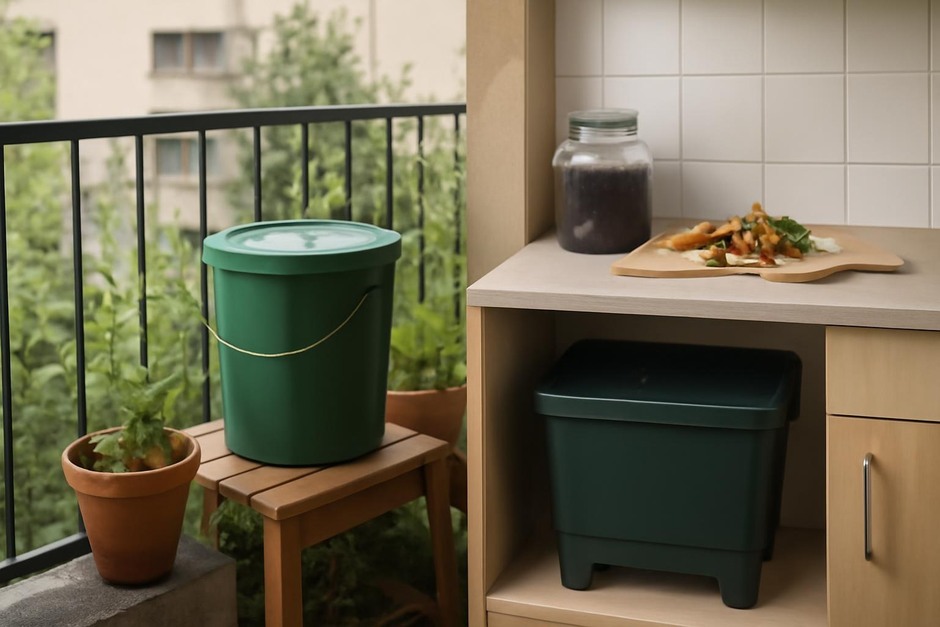 Small compost bins on a balcony and a worm bin under a counter