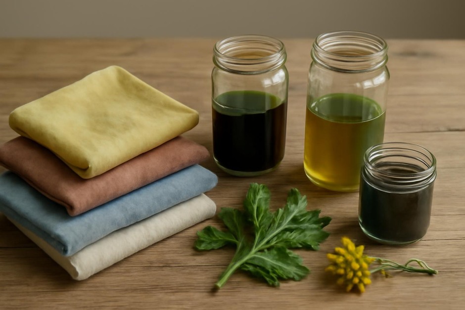 Hand-dyed fabrics and jars of plant dyes on a wooden table